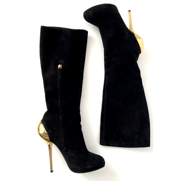 Giuseppe Zanotti Boot Black Suede Sculpted Gold Metallic Slim Heel Knee … - Picture 2 of 9